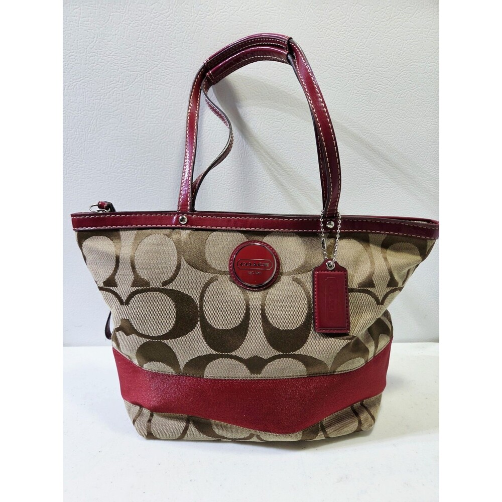 Coach Signature Canvas Bag Tote Red Leather Handles And Trim Excellent F17433